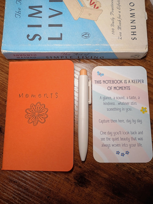 Moments Pocket Notebook w/Pen, Living in the Moment, Matte Orange With Flower, Upcycled, Altered