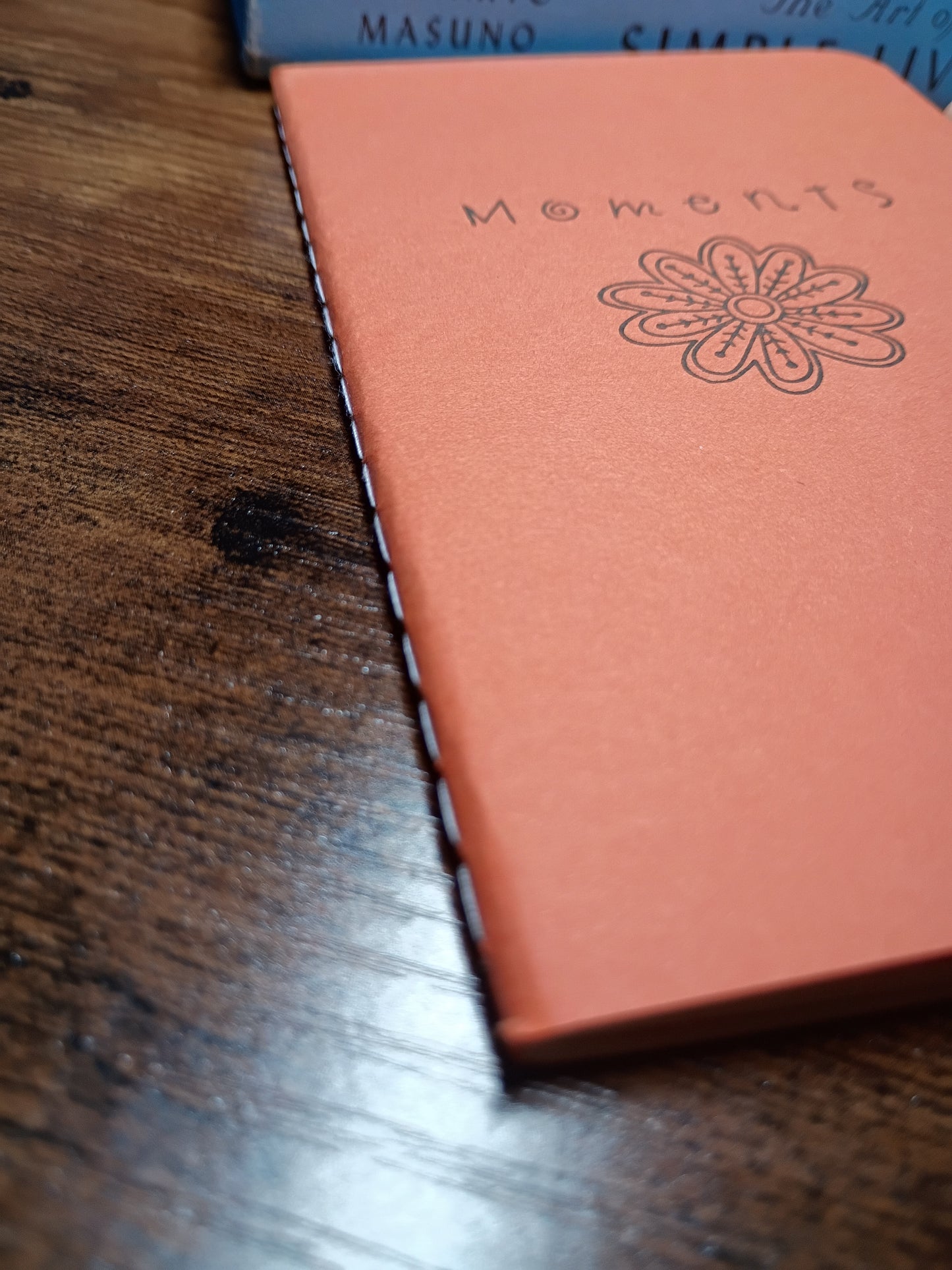 Moments Pocket Notebook w/Pen, Living in the Moment, Matte Orange With Flower, Upcycled, Altered