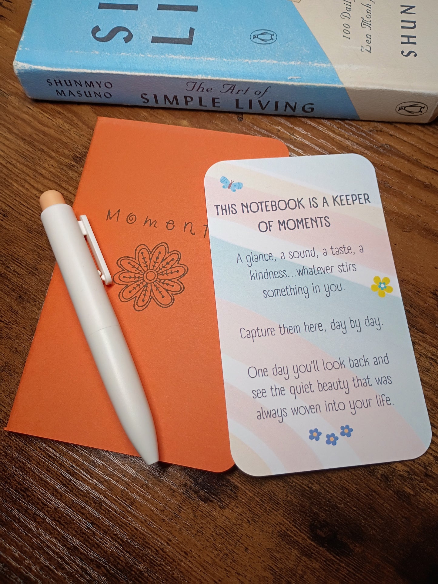 Moments Pocket Notebook w/Pen, Living in the Moment, Matte Orange With Flower, Upcycled, Altered