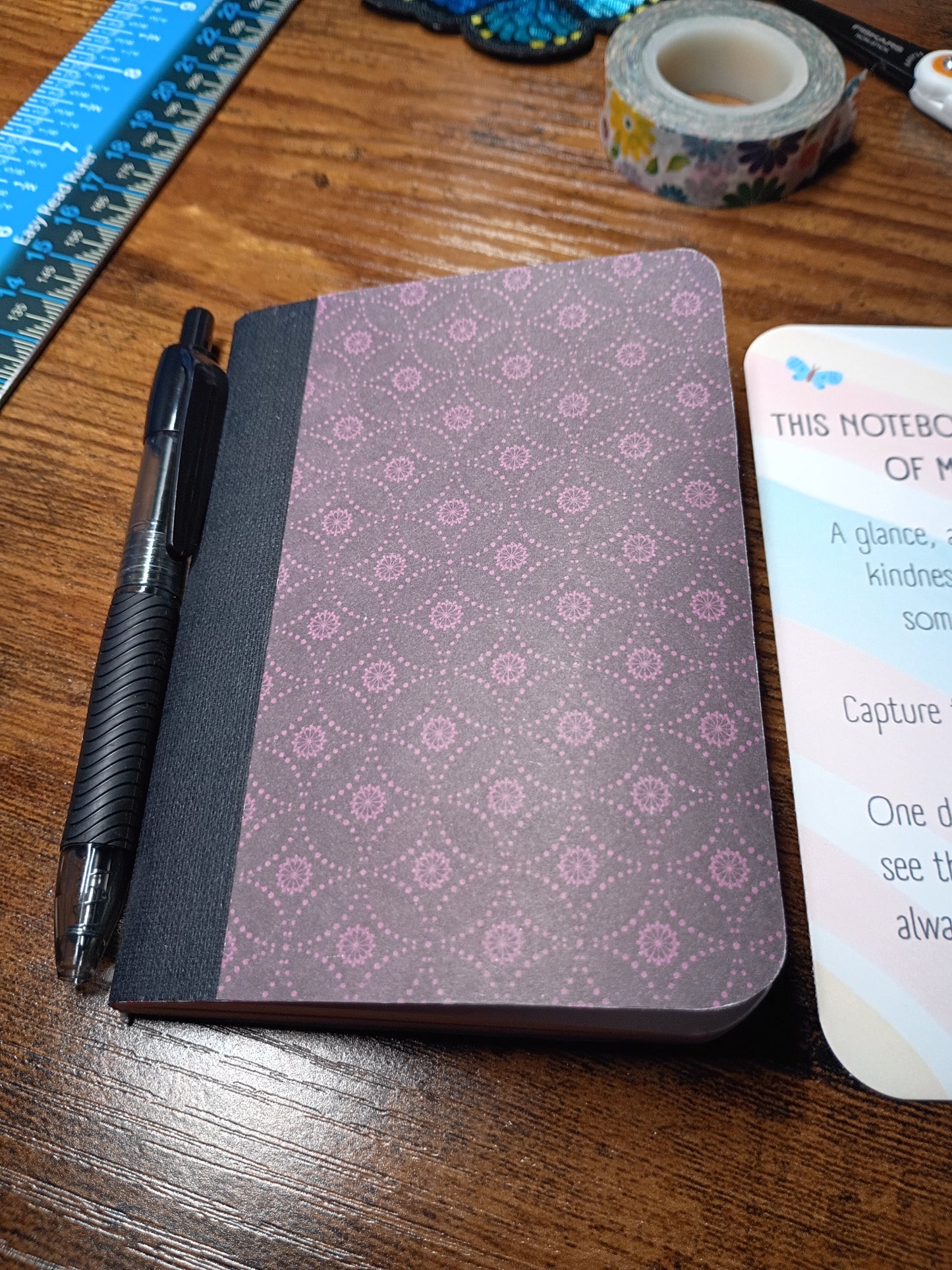 Altered Notebook, Purple Spiral, Lined Pages, Mini Pen