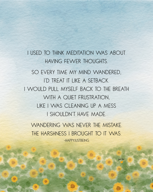 I used to think meditation was about having fewer thoughts. So every time my mind wandered, I’d treat it like a setback...Wandering was never the mistake. The harshness I brought to it was.