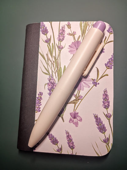 Upcycled Notebook, Purple Flowers, Lined Pages, Matching Pen