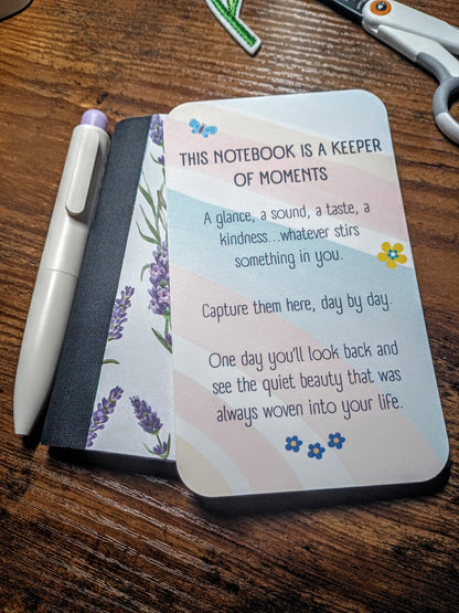 Upcycled Notebook, Purple Flowers, Lined Pages, Matching Pen