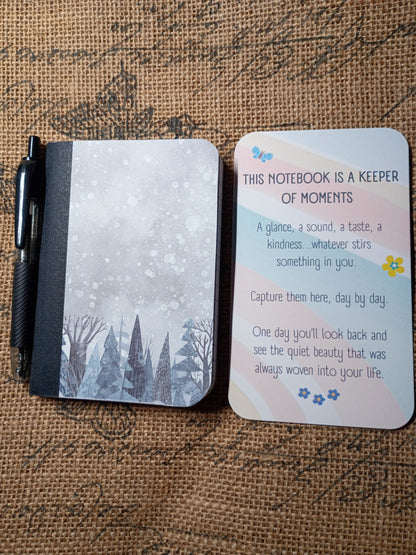 Upcycled Notebook, Winter, Lined Pages, Mini Pen