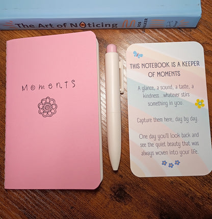 Moments Pocket Notebook w/Pen, Living in the Moment, Smooth Pink With Flower, Upcycled, Altered