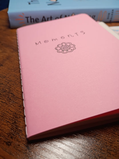 Moments Pocket Notebook w/Pen, Living in the Moment, Smooth Pink With Flower, Upcycled, Altered