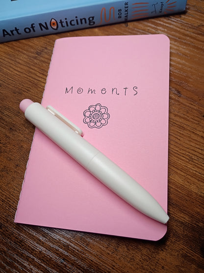 Moments Pocket Notebook w/Pen, Living in the Moment, Smooth Pink With Flower, Upcycled, Altered
