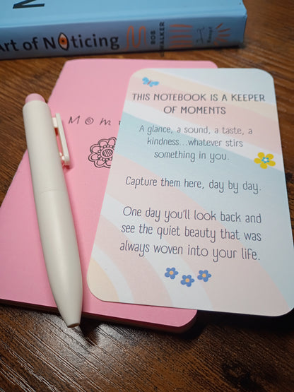 Moments Pocket Notebook w/Pen, Living in the Moment, Smooth Pink With Flower, Upcycled, Altered