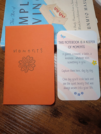 Moments Pocket Notebook w/Pen, Living in the Moment, Matte Orange With Flower, Upcycled, Altered