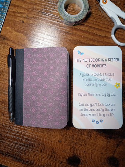 Altered Notebook, Purple Spiral, Lined Pages, Mini Pen