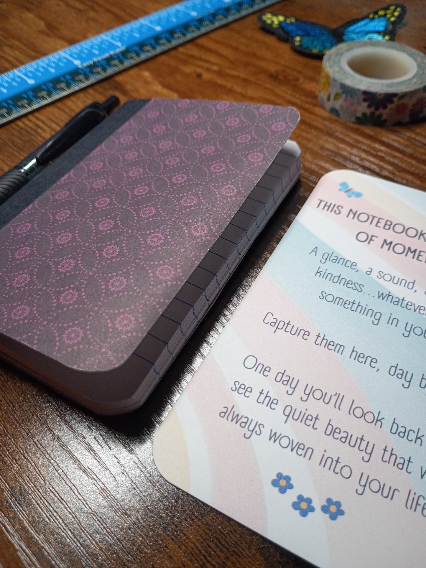 Altered Notebook, Purple Spiral, Lined Pages, Mini Pen