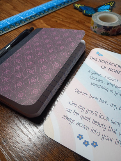 Altered Notebook, Purple Spiral, Lined Pages, Mini Pen