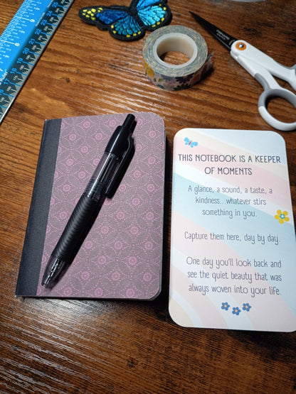 Altered Notebook, Purple Spiral, Lined Pages, Mini Pen