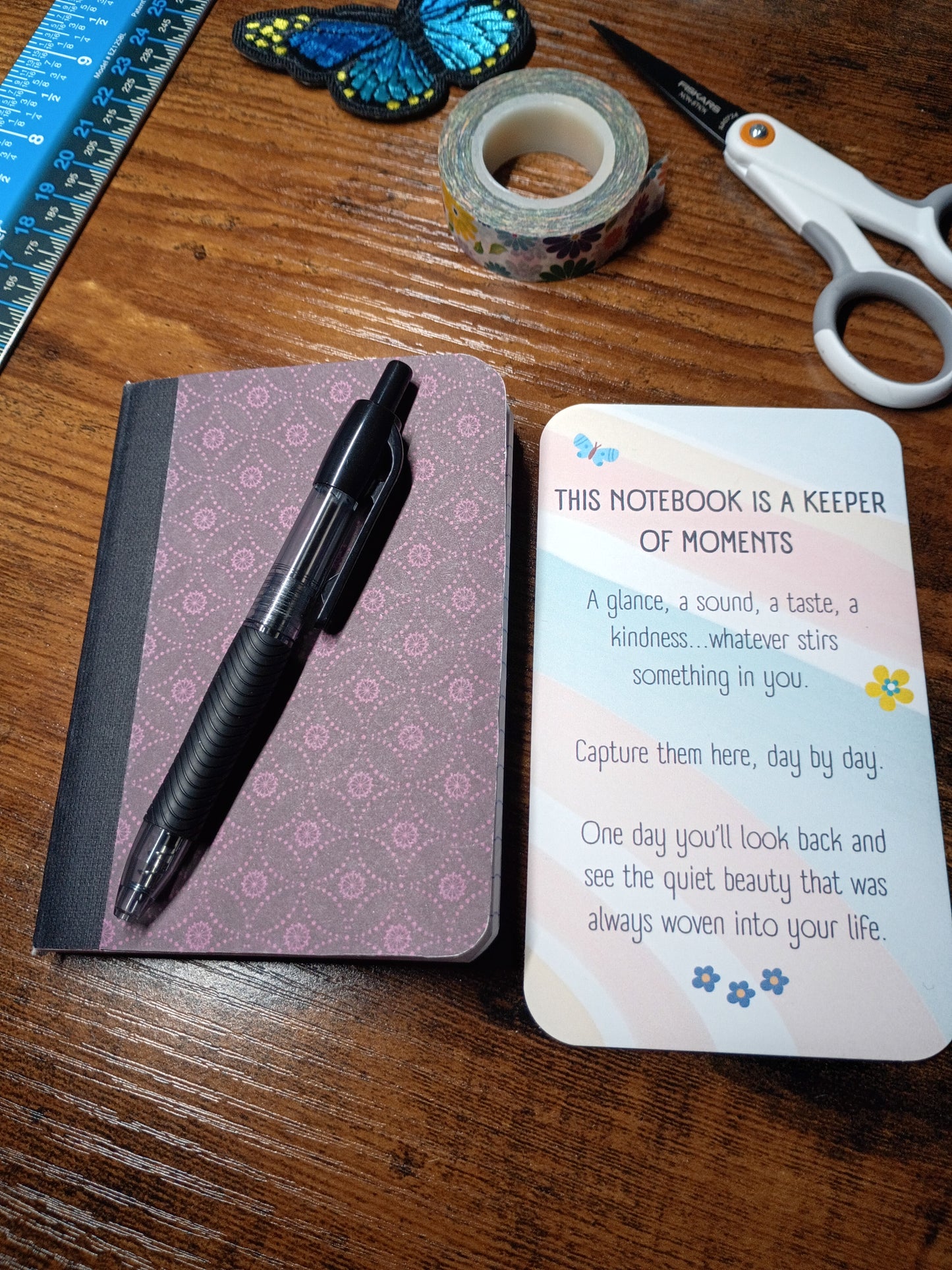 Altered Notebook, Purple Spiral, Lined Pages, Mini Pen