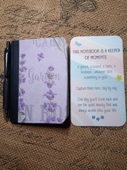 Altered Notebook, Purple Flowers, Lined Pages, Mini Pen