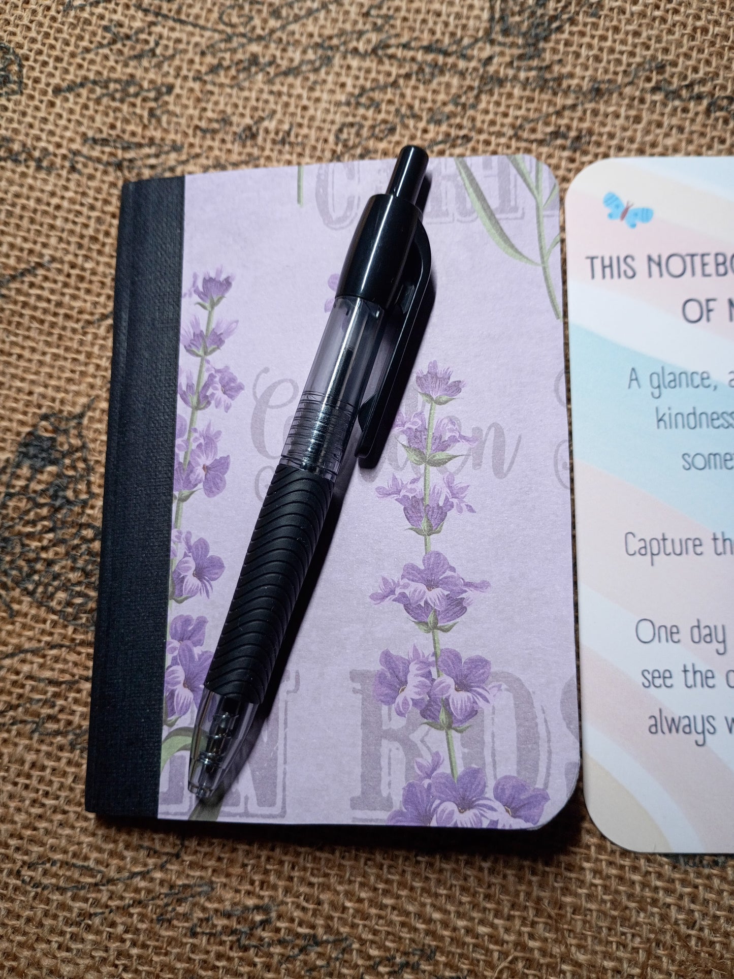 Altered Notebook, Purple Flowers, Lined Pages, Mini Pen