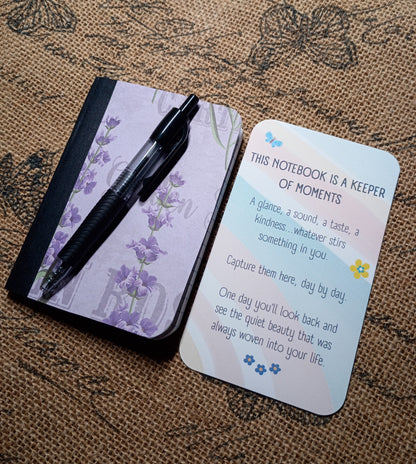 Altered Notebook, Purple Flowers, Lined Pages, Mini Pen