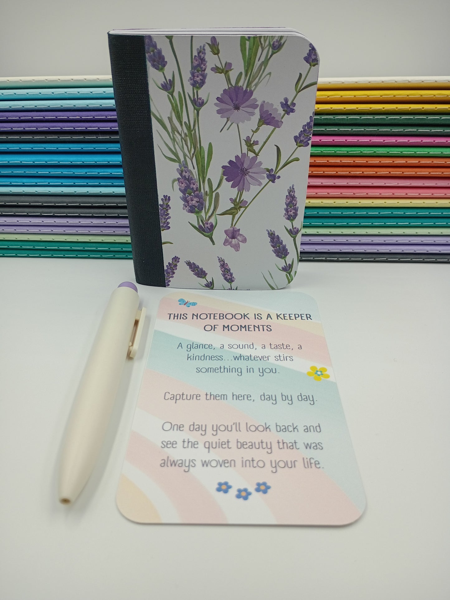 Purple Flowers Pocket Notebook with Matching Pen - Handmade Upcycled Journal