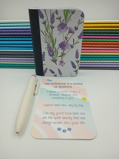 Purple Flowers Pocket Notebook with Matching Pen - Handmade Upcycled Journal