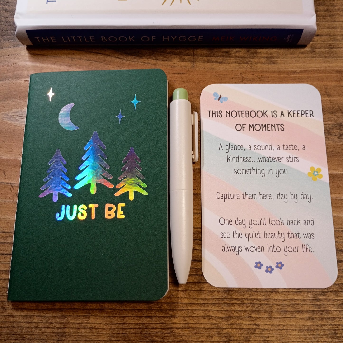 Cute Pocket Notebook with Pen | Holographic Just Be Trees Dark Green Set