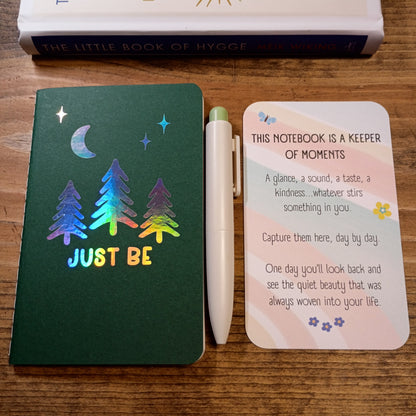 Cute Pocket Notebook with Pen | Holographic Just Be Trees Dark Green Set