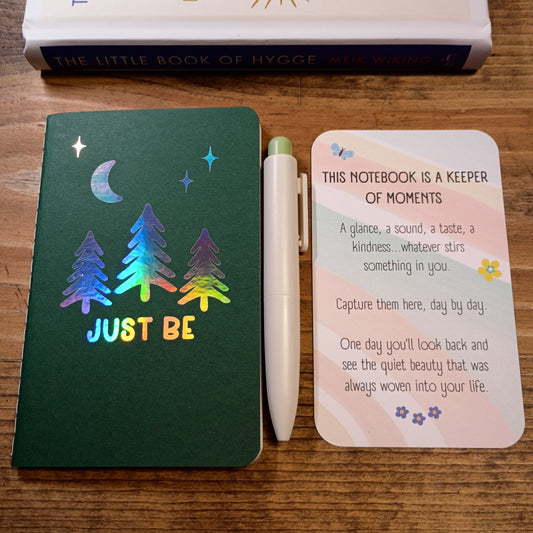 Cute Pocket Notebook with Pen | Holographic Just Be Trees Dark Green Set