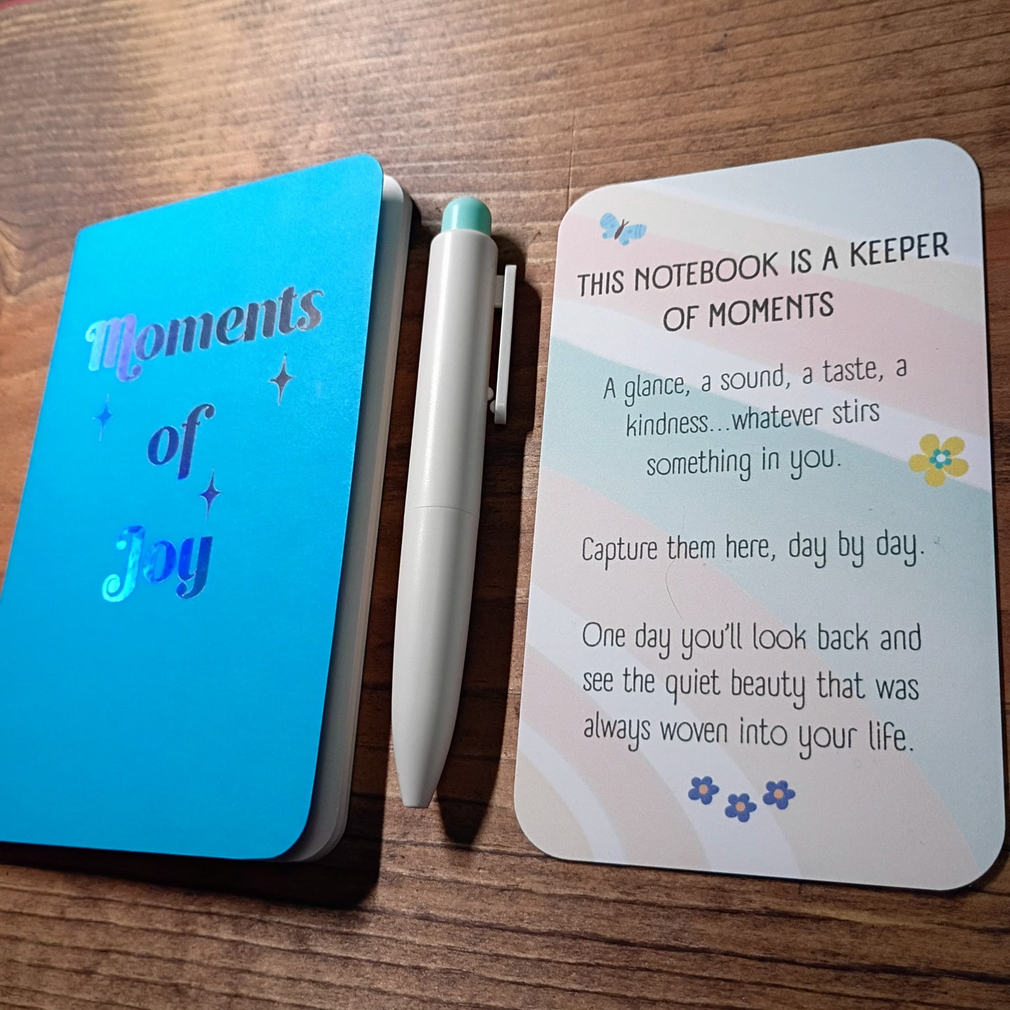 Cute Pocket Notebook with Pen | Rainbow Watercolor Moments of Joy Blue Set