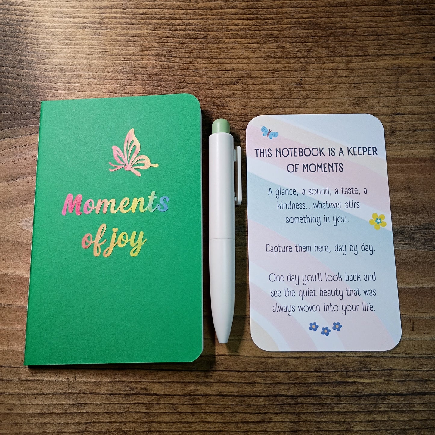 Cute Pocket Notebook with Pen | Moments of Joy Rainbow Butterfly Green Set