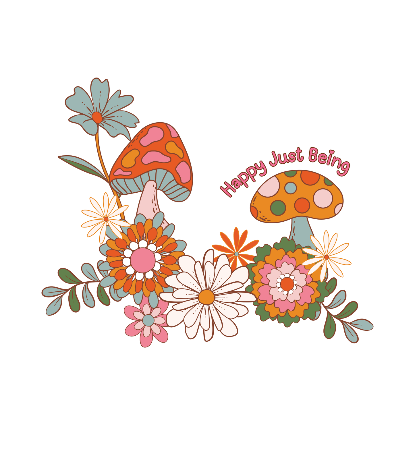 Retro Flowers T-Shirt - Flowers and Mushrooms - Happy Just Being